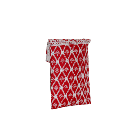 Red Cotton Phone Clutch Bag with Mirror Work and Gold Chain